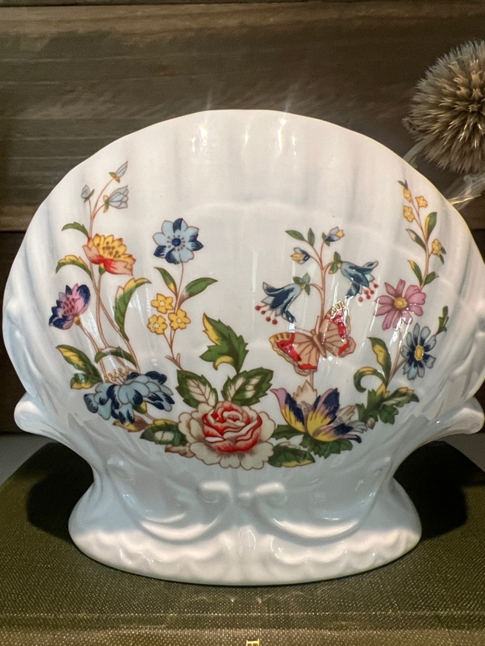 Vintage Ainsley English Fine Bone China Shell Vase “Cottage Garden Butterflies”
